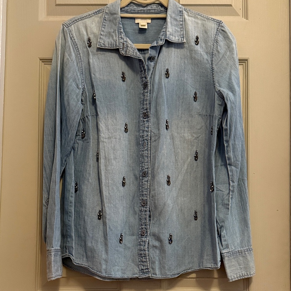 J. Crew Light Blue Button Down Shirt with Embellishments size 10